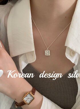 简约设计方形银饰项链笑脸韩国