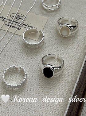 圆珠黑组合韩国亮银项链小众戒指