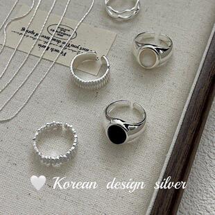 圆珠黑组合韩国亮银项链小众戒指指环S925款女玛瑙纯银饰品 高级