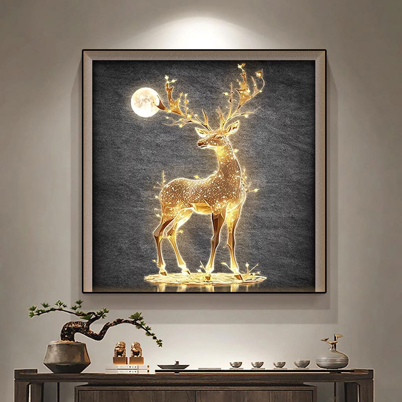 现代简约客厅装饰画正方形单幅餐厅柜子上挂画进门玄关发财鹿壁画图片