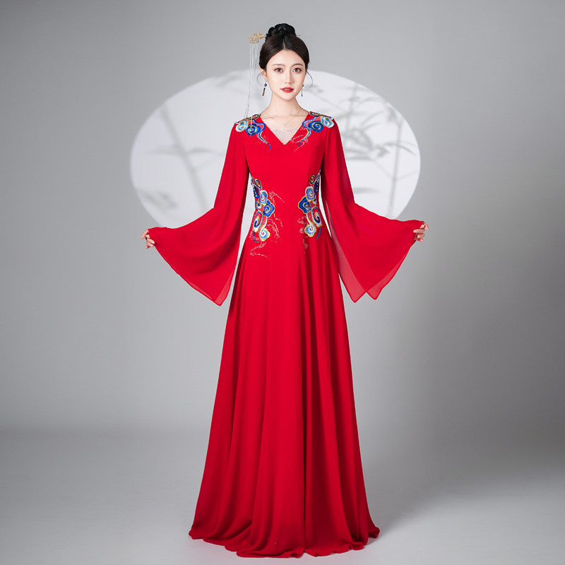 诗贝茉2025新款高端舞台演出礼服红色喜庆宴会晚装大合唱团服V领