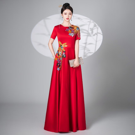 诗贝茉新款高端宴会主持人刺绣晚礼服红色结婚礼服裙鱼尾演出