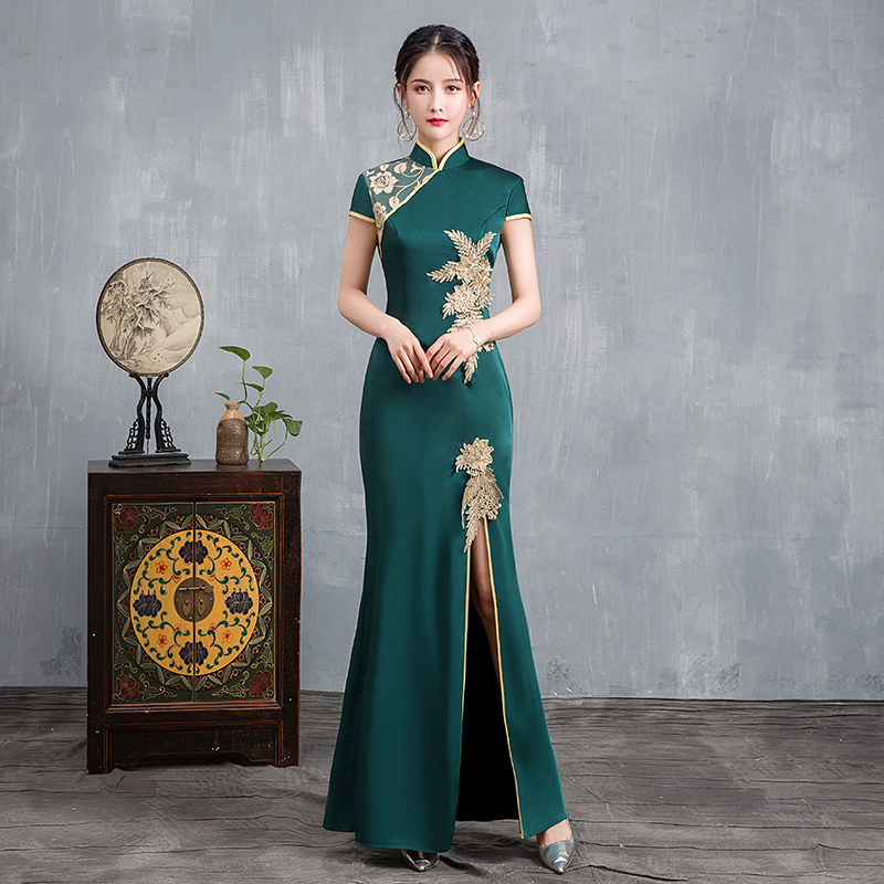 高端改良旗袍优雅舞台走秀年轻款开叉长款显瘦演出服女宴会晚礼服