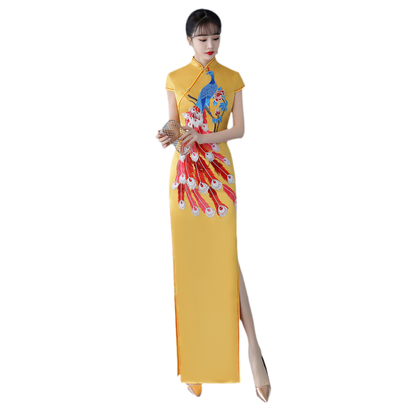 2024新款修身改良高端开叉绣花长款走秀旗袍裙表演出服女舞台宴会