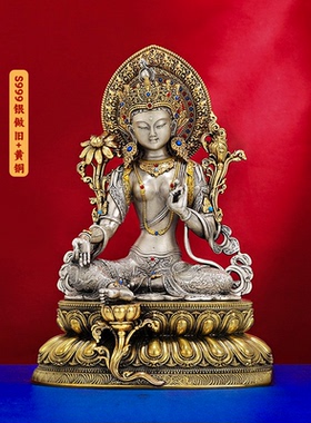 绿度母二十一度母铜佛像尼泊尔S999银饰镶嵌藏式风格摆件艺术收藏
