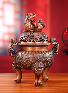 紫铜复古大明狮子炉家用室内佛堂熏香炉檀香沉香盘香炉具