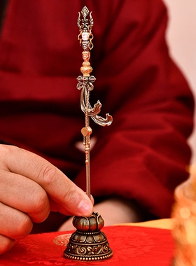 尼泊尔工艺S925银镀金天杖摆件藏式传统禅杖设计个性桌面装饰