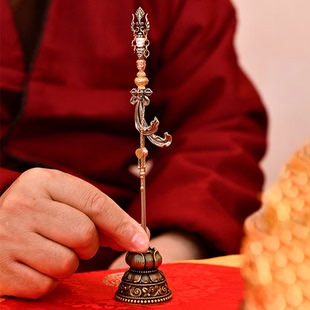 尼泊尔工艺S925银镀金天杖摆件藏式传统禅杖设计个性桌面装饰