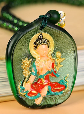 手工镶金彩绘琉璃项坠二十一度母主题项链复古民族风饰品琉璃项链