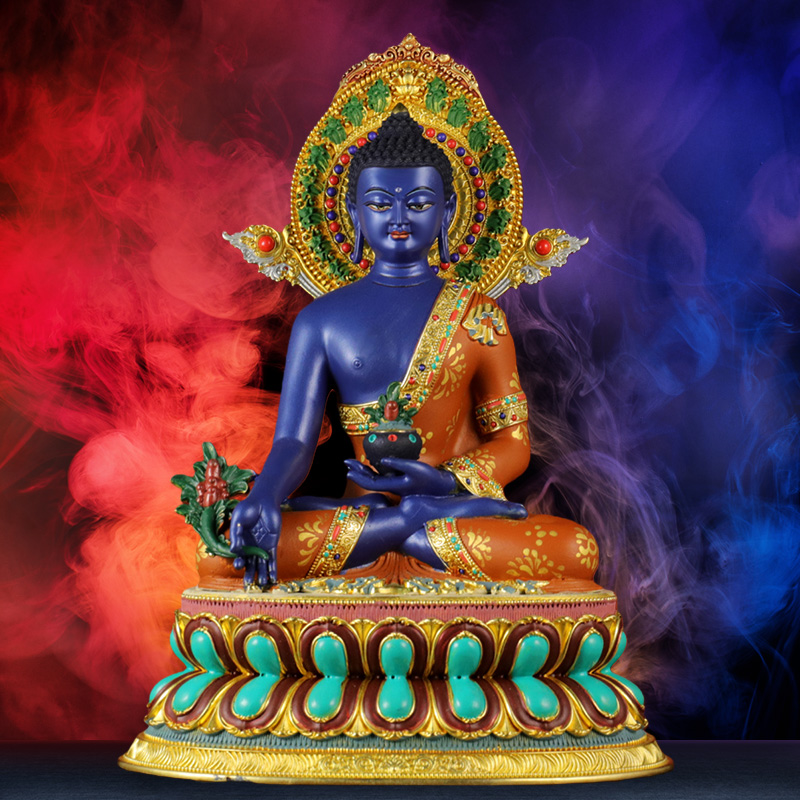 彩绘药师佛黄铜像藏式禅意静心摆件东方三圣家居佛堂供奉书房摆件