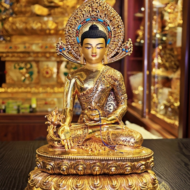 尼泊尔手工紫铜鎏金药师佛造像藏式风格家居装饰客厅书房禅意摆件