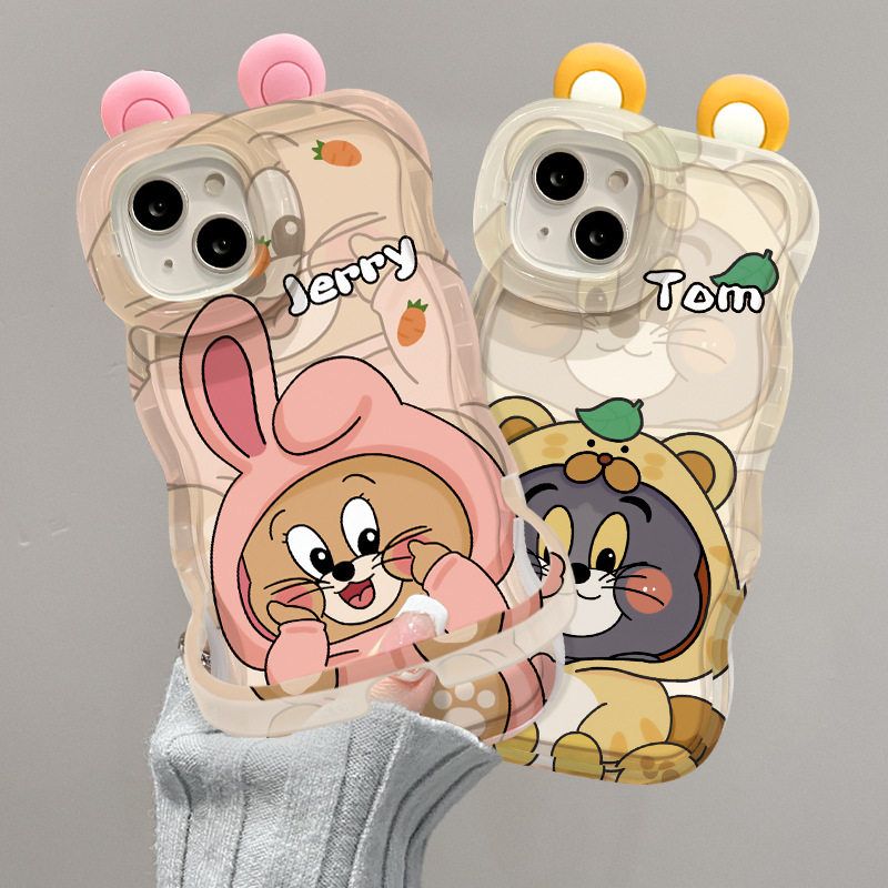 适用苹果15pm手机壳iPhone17猫和老鼠耳朵公仔16隐形双支架14硅胶