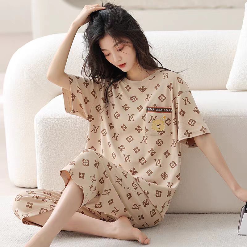 睡衣女夏短袖七分裤家居服薄款夏天休闲可外穿宽大码运动套装