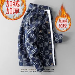 棋盘格子牛仔外套男秋冬季 加绒加厚夹克情侣宽松潮牌痞帅休闲上衣