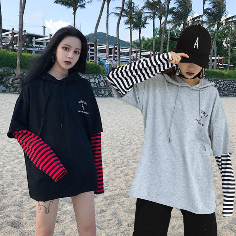ulzzang原宿风条纹拼接假两件T恤女春秋连帽卫衣韩版学生宽松上衣|msdalam kategori luar/Mountaineer/Camping/Aksesori perjalanan, pakaian luar, pakaian percutian luar, pakaian percutian luar - dari Buy2taobao.com untuk memberikan perkhidmatan ejen Taobao profesional membeli