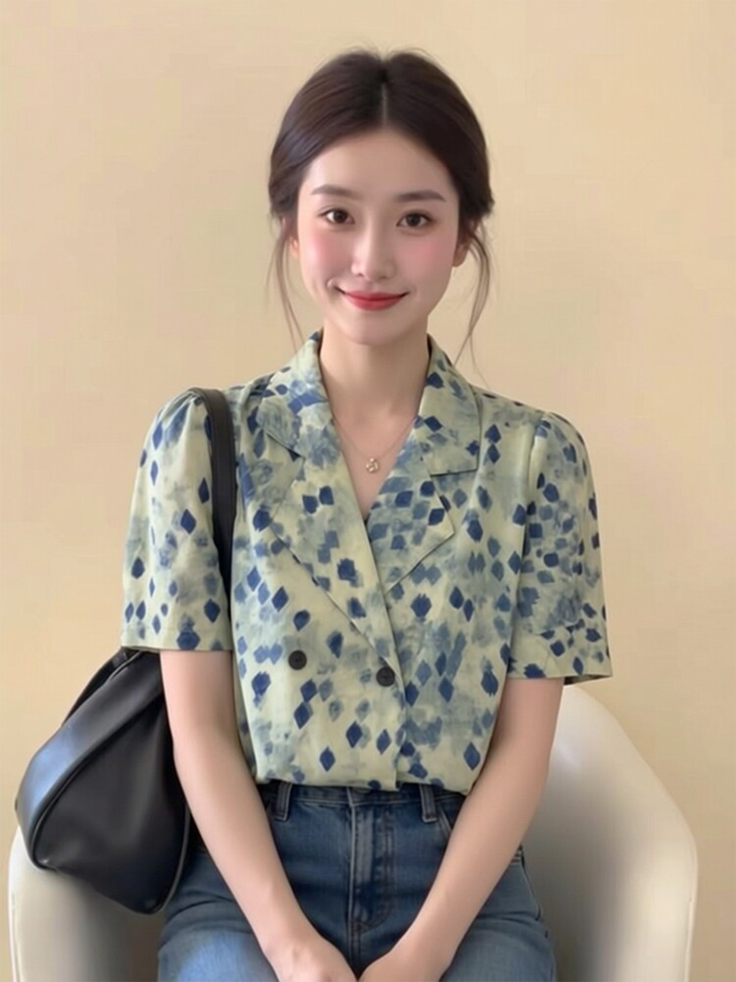 法式绿色碎花短袖衬衫女士2026夏季新款小个子高级感洋气雪纺上衣