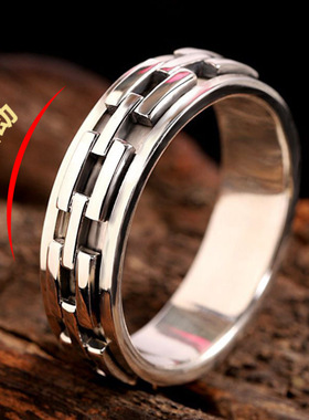 s925纯银几何纹编织男士可旋转食指做旧泰银戒指欧美纹男士戒指