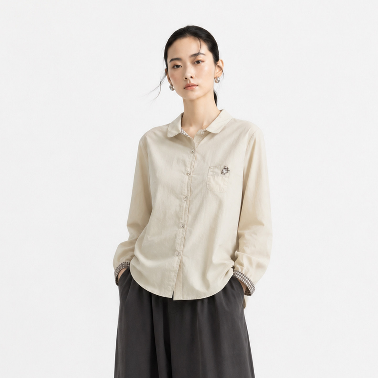 日系极简纯棉翻领长袖衬衫女