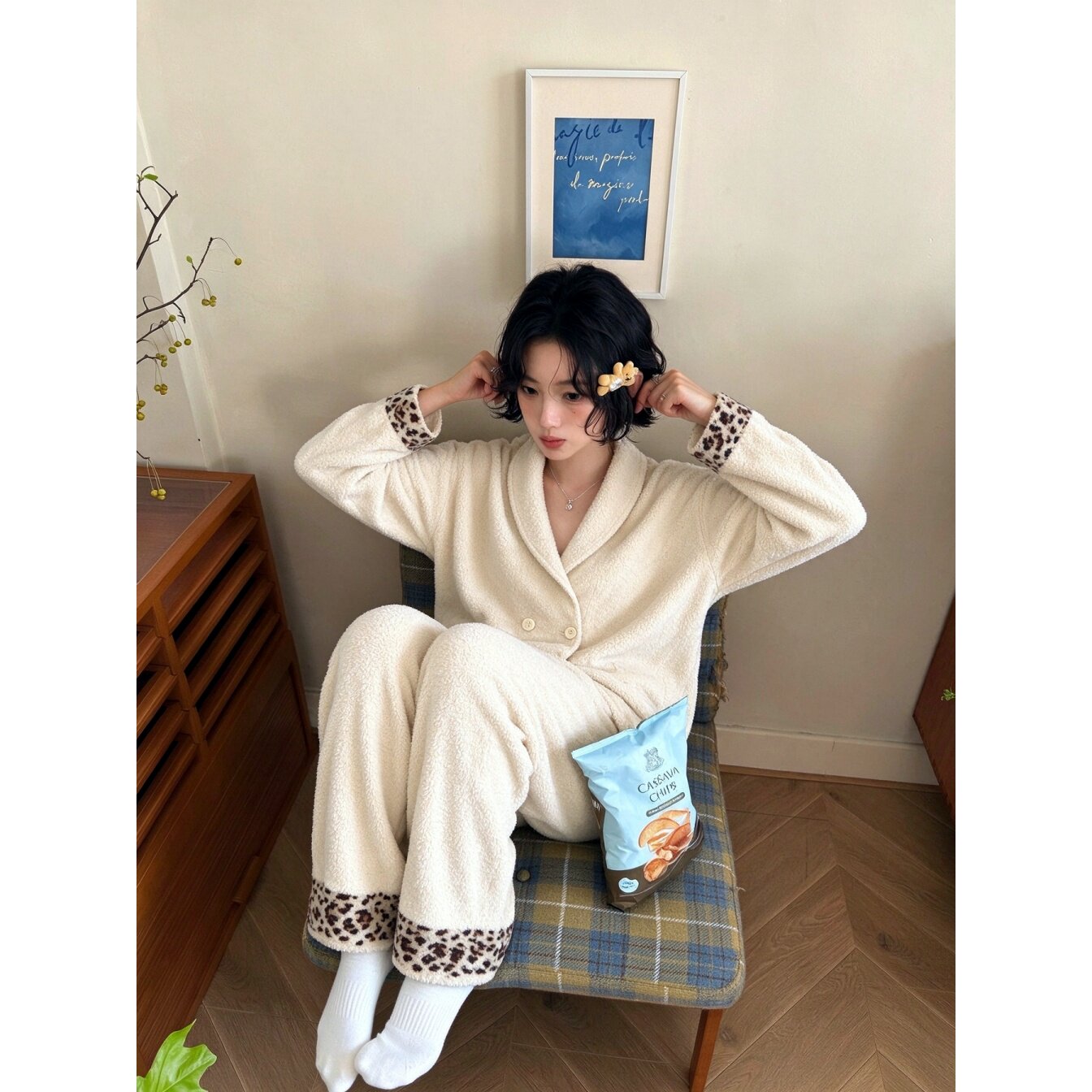 半边绒豹纹睡衣女秋冬季开衫式韩版保暖家居服套装可外穿加绒加厚