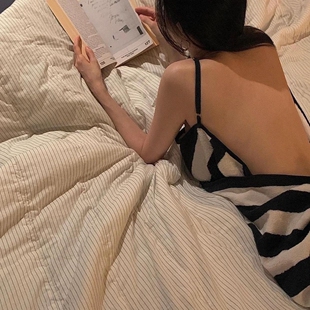 家居服浴袍 春秋季 吊带浴巾裙新款 睡裙女长款 V领条纹睡衣女中长款