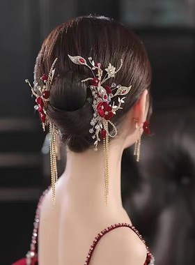 新款新中式红色绒花流苏头饰新娘秀禾服古风步摇敬酒服发饰配饰品