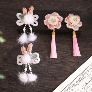 女童新年汉服头饰中国风发夹儿童古风可爱绒花兔子拜年流苏对夹