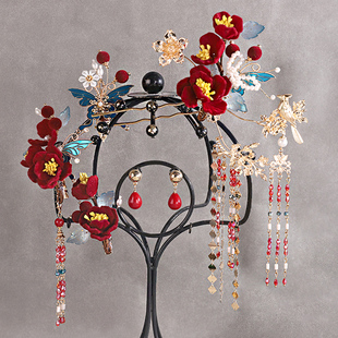 绒花宫廷风红色花朵发箍新娘秀禾服头饰古风流苏发簪中式发饰