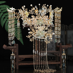 新娘头饰中式金色古装水晶长流苏凤冠霞帔婚礼发饰套装配饰古装