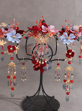 中式古风新款古装头饰红色秀禾流苏发簪绒花结婚发饰婚礼新娘饰品