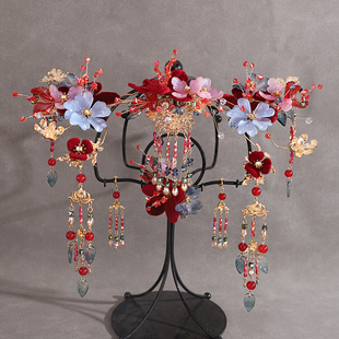 中式古风新款古装头饰红色秀禾流苏发簪绒花结婚发饰婚礼新娘饰品