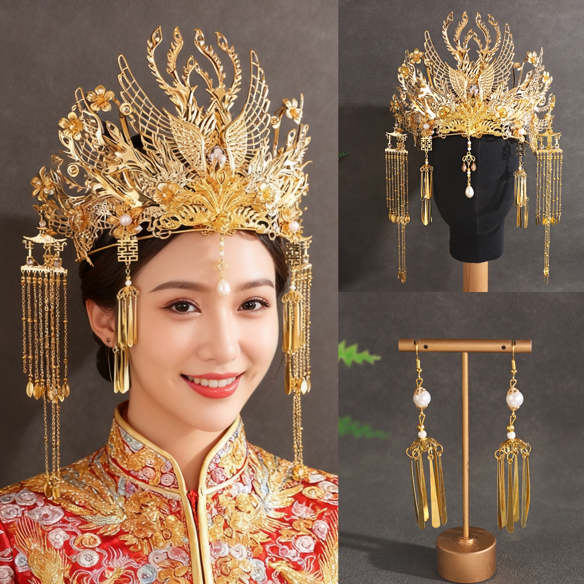 新款龙凤褂金色头饰新娘中式大气流苏古装秀禾服发饰秀禾凤冠奢华