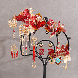 国风秀禾琉璃头饰新款红色中式新娘发饰套装古典龙凤褂婚礼配饰