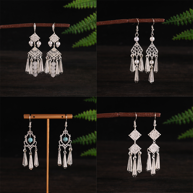 复古仿苗民族风银色耳环新中式国风耳饰小众长款流苏旅行配饰耳钩