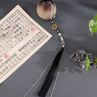 两枚铜钱新中式耳挂黑红两色长流苏无耳洞耳饰小众新款汉服配饰