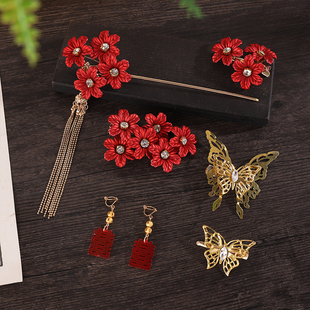 中式新娘红色头饰结婚小众发饰敬酒晨袍爆款精致洋气夹子发饰全套