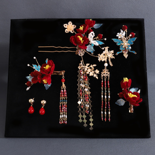 新款中式红色国风绒花秀禾发簪头饰新娘龙凤褂汉服婚礼发饰套装