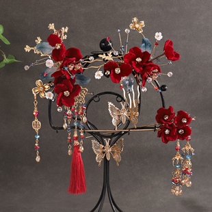 新中式新娘红色绒花秀禾头饰流苏发簪古风发饰套装高端大气