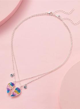 跨境新款爱心形好朋友儿童项链套装渐变色搪瓷滴油BFF磁铁吊坠