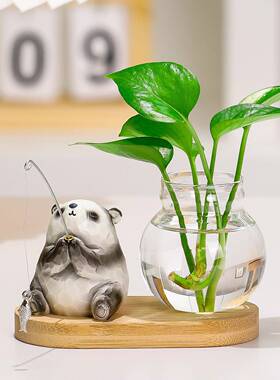 现代风治愈系青蛙钓鱼水培花瓶小猫钓鱼工位桌面摆件摆台装饰花器