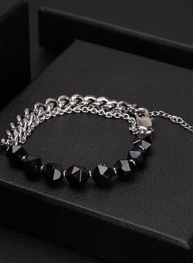 2022欧美霸气不锈钢切面黑玛瑙虎眼石天然手链男女士饰品手镯潮流