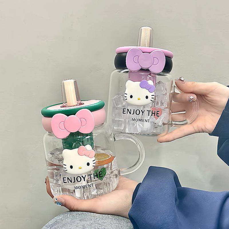 夏季玻璃水杯带手柄女生高颜值大容量耐高温吸管杯随手杯茶水分离
