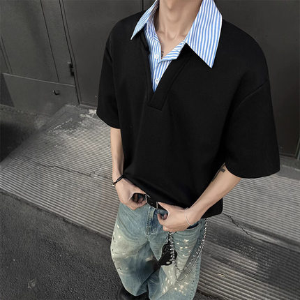 假两件t恤男设计感小众潮牌衬衫领夏季短袖高级感宽松半袖polo衫