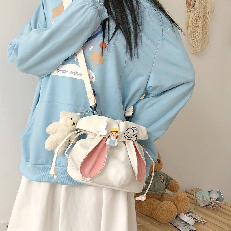 日系原宿可爱少女学生水桶包2022新款韩版ins软妹帆布斜挎包百搭