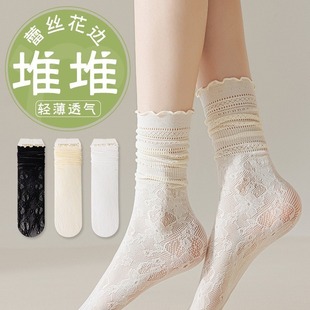 白色堆堆袜子女夏季 黑色ins潮冰冰袜 薄款 蕾丝花边中筒袜配小皮鞋