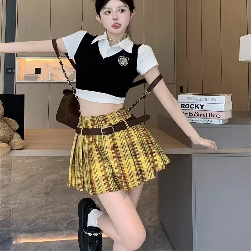 大码胖mm美式黄色格子百褶裙女辣妹JK半身裙学院风a字短裙