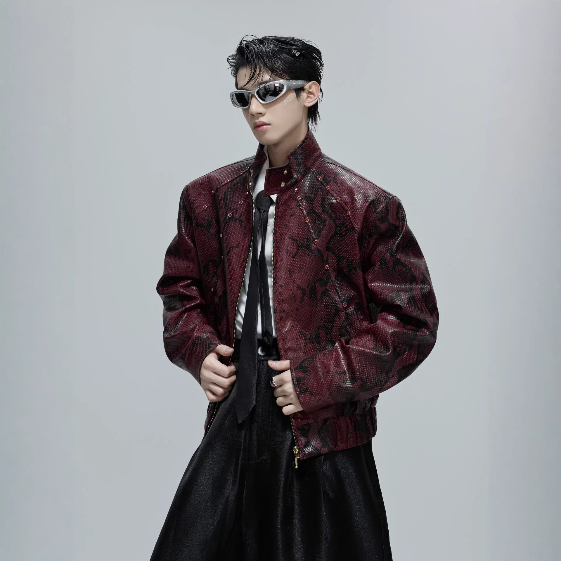 蛇蟒纹短款皮衣外套男春季潮牌痞帅炸街机车夹克hiphop立领棒球服