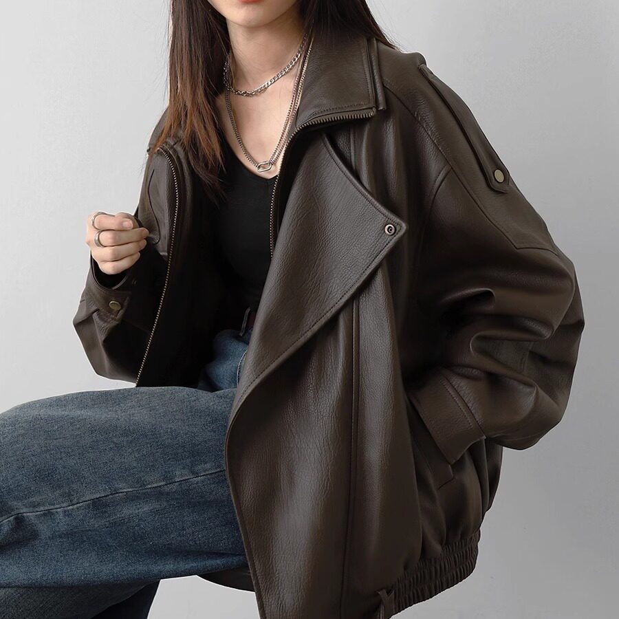 2025春秋季新款重工复古中性翻领机车皮衣外套PU夹克上衣男女同款