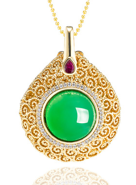 正品天然绿玛瑙小香囊铜镀金镶冰种玉石吊坠玉坠女款项链时尚挂件