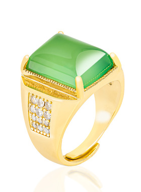 正品天然绿玛瑙保真方戒指铜镀金镶玉髓冰种玉石男款指环时尚挂件