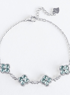 高档天然A货翡翠蓝水四叶草手链冰种玉石S925银镶女款时尚手饰